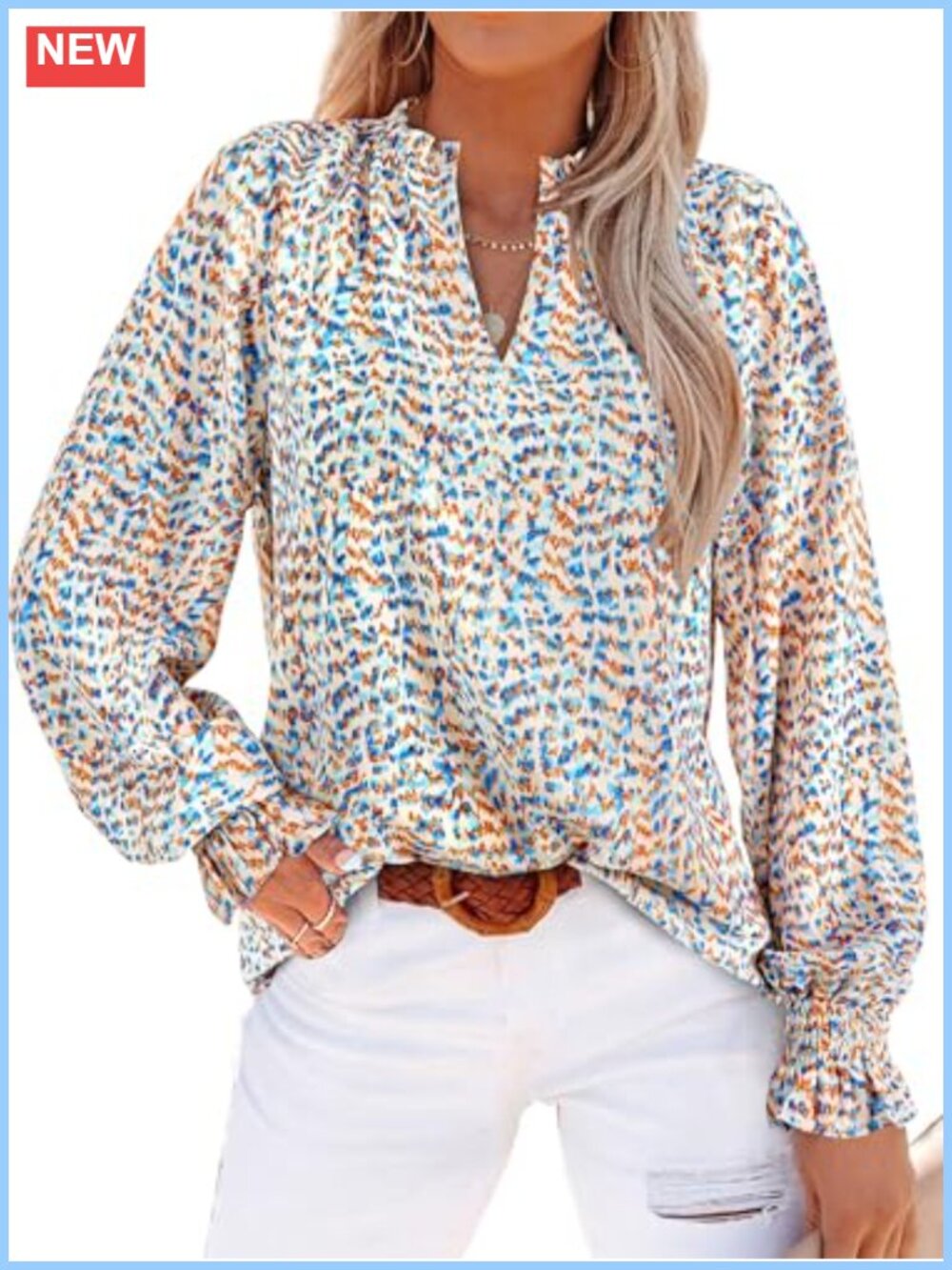 Womens Boho Floral Long Sleeve Chiffon Blouse V-Neck Puff Sleeve Work Top
